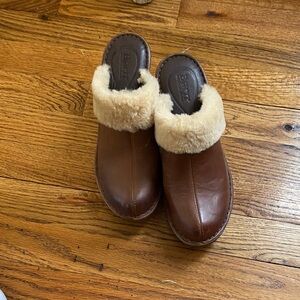 Born Tan Leather Clogs with Plush Trim